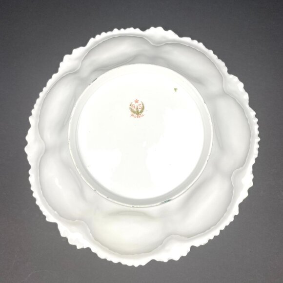 ANTIQUE RS PRUSSIA 1900 Serving Bowl Ribbed Mold With Roses on Green 9in*2.5 in - Picture 7 of 8